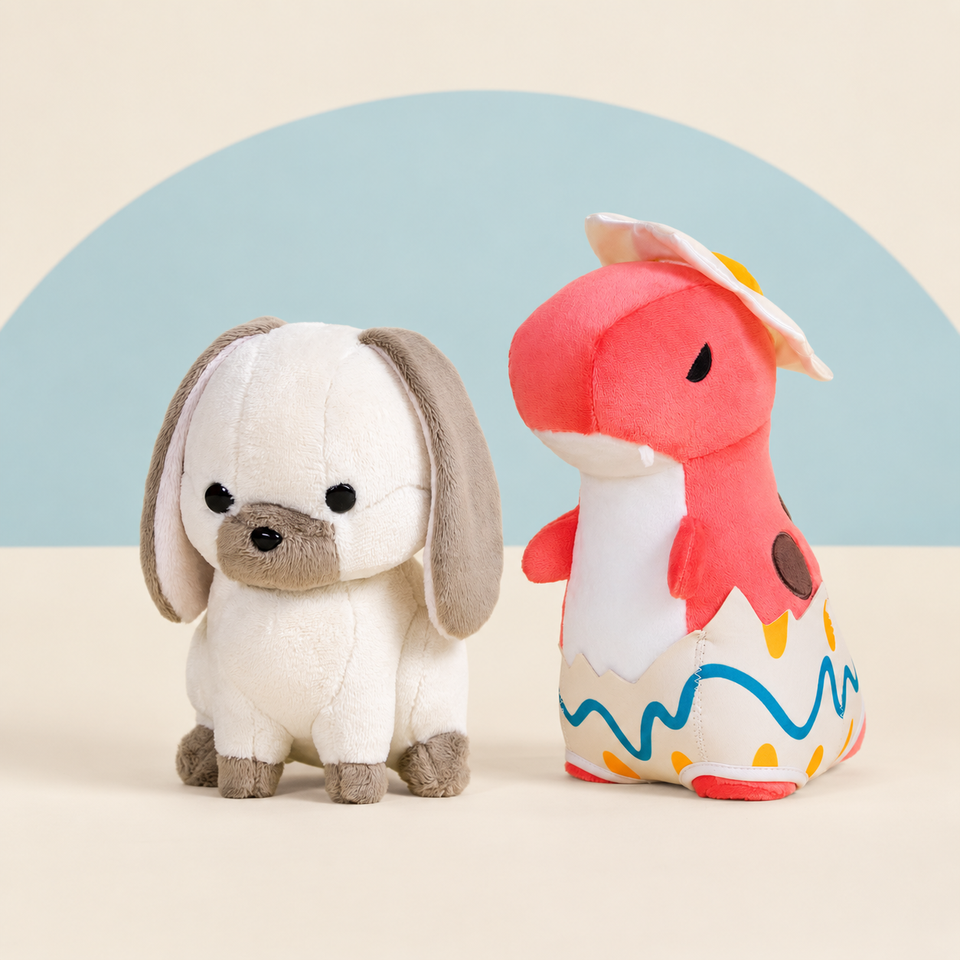 Mini Lop Bunni the Lop Rabbit and Easter Egg Rexxi on a cream background with a soft blue curve