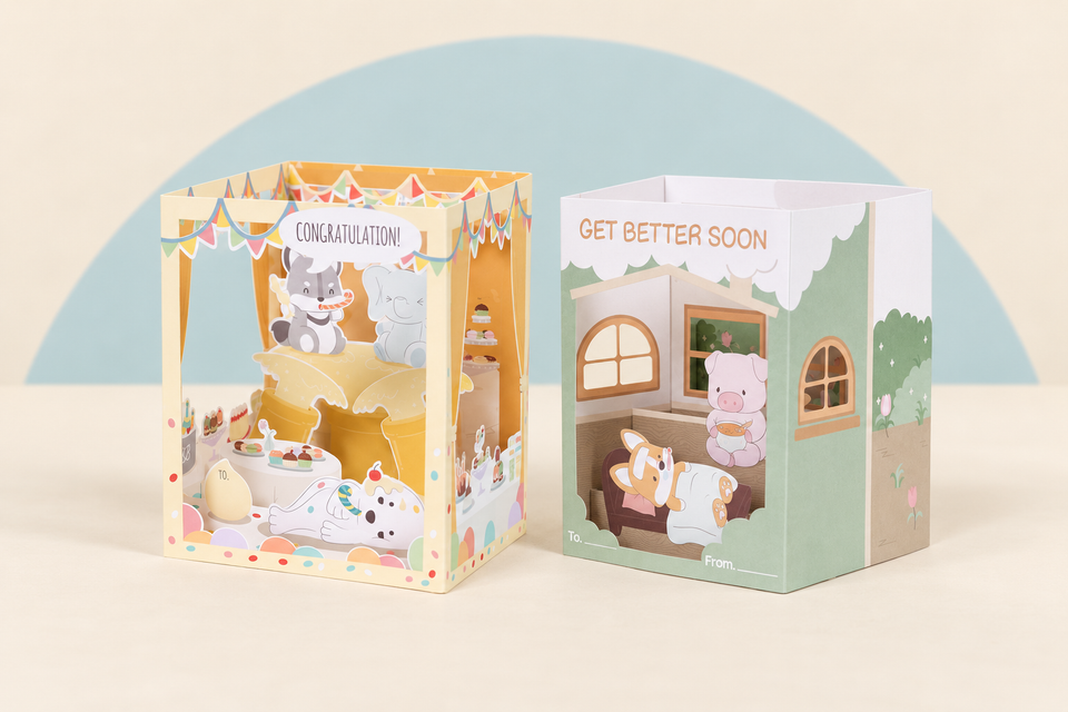 3D Greeting Card - Congratulations and 3D Greeting Card - Get Better Soon on a cream background with a soft blue curve