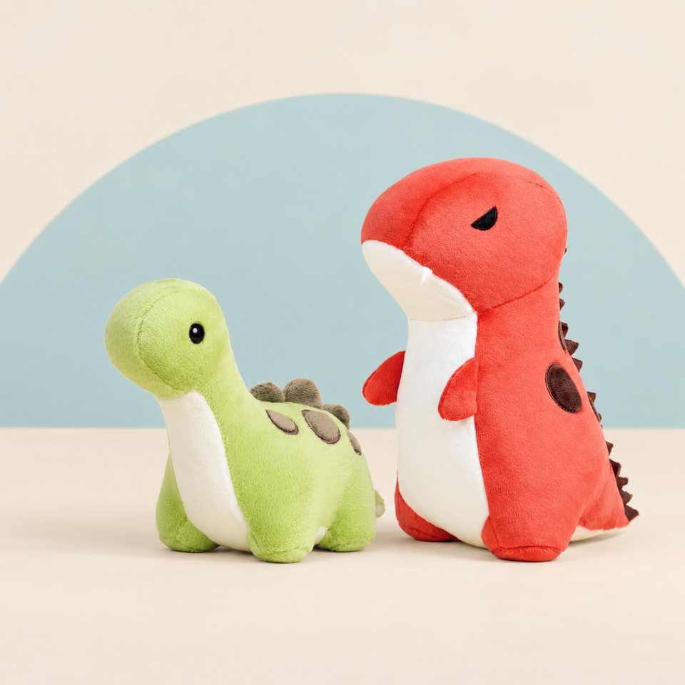 Rexxi the T-Rex and Mini Bronti the Brontosaurus on a cream background with a soft blue curve