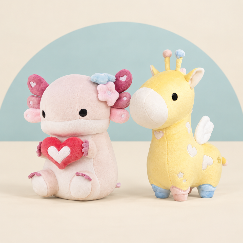 Valentine Lotti and Valentine Giraffi the Giraffe on a cream background with a soft blue curve
