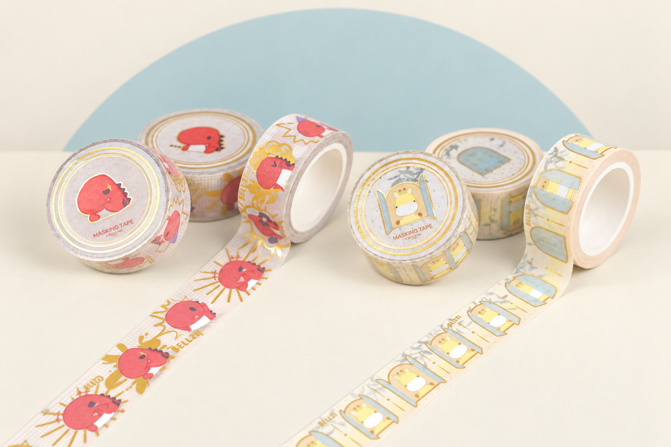 Rexxi Emote Washi Tape and Giraffi Window Washi Tape on a cream background with a soft blue curve