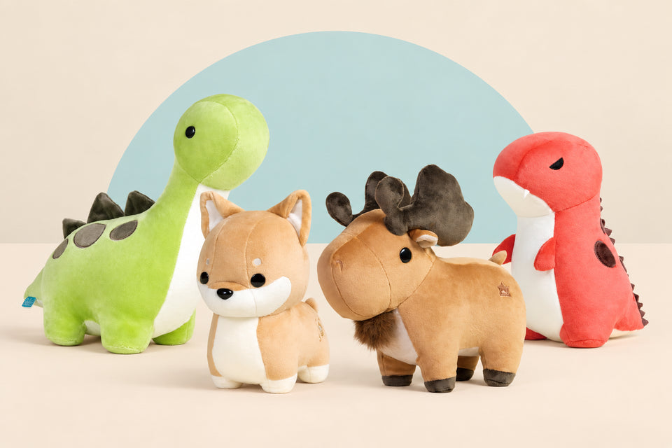 Classic Bronti, Rexxi, Shibi and Moosi plush characters together
