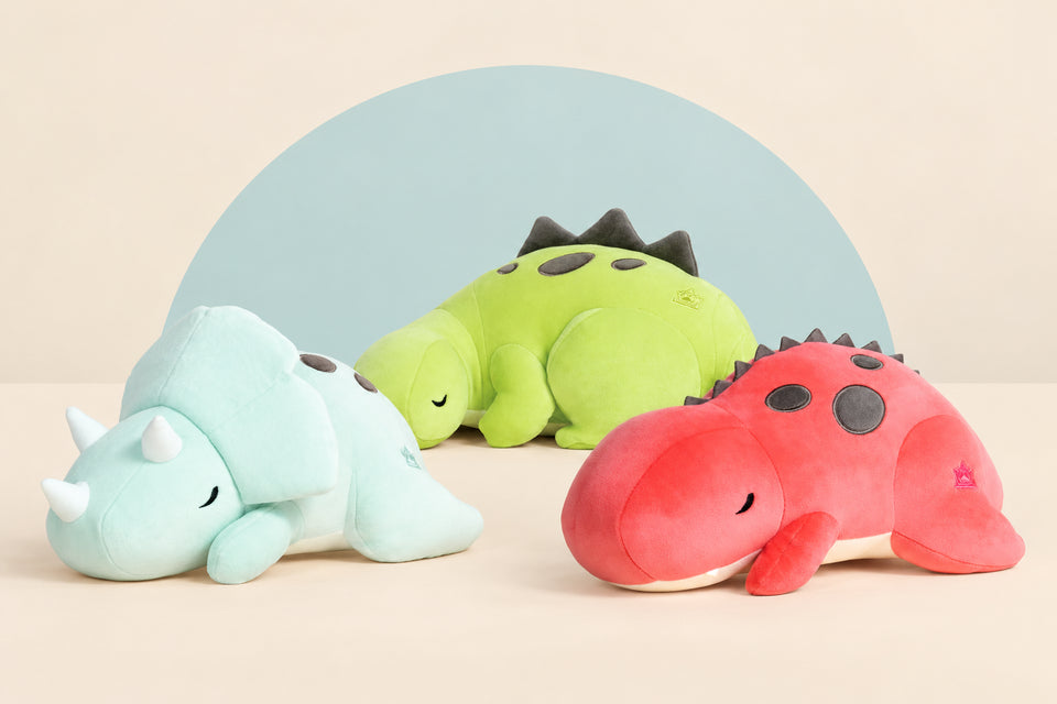 Dreaming Seri, Bronti and Rexxi plushies resting together