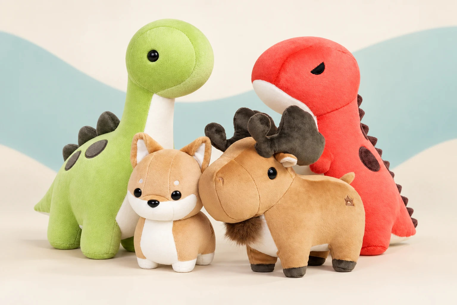 Classic Bronti, Rexxi, Shibi and Moosi plush characters together