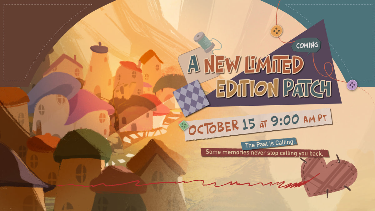 An autumn village framed by stitched fabric and buttons. A new limited-edition Patch arrives October 15 at 9 AM PT.
