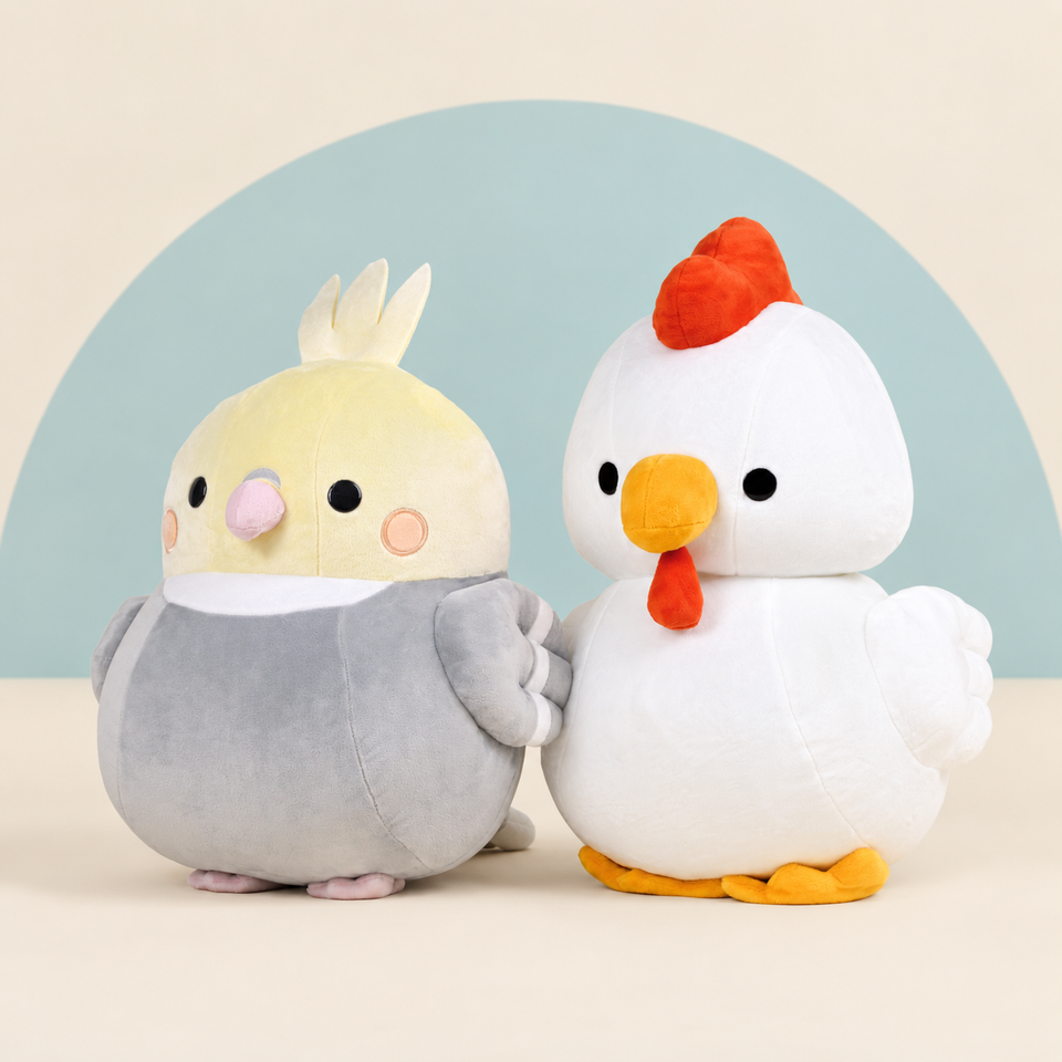 Giant Tilli the Cockatiel and Giant Heni the Hen on a cream background with a soft blue curve