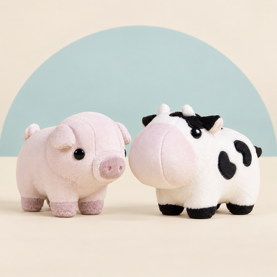 Mini Piggi the Pig and Mini Mooi the Cow on a cream background with a soft blue curve