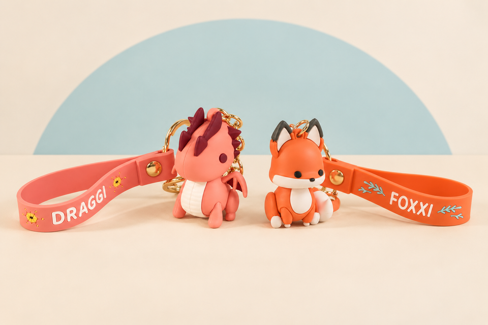 Draggi Figure Keychain and Foxxi Figure Keychain on a cream background with a soft blue curve