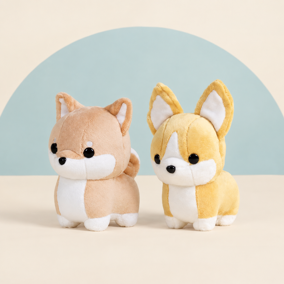 Mini Shibi the Shiba Inu and Mini Corgi the Dog on a cream background with a soft blue curve