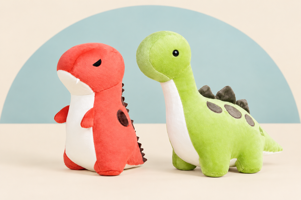 Rexxi the T-Rex and Bronti the Brontosaurus on a cream background with a soft blue curve