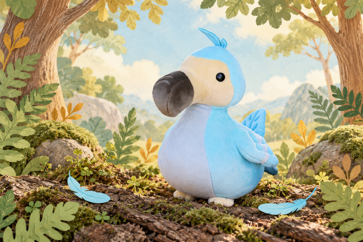 Dodoi the blue dodo plush in a drawn woodland clearing with real bark and moss.