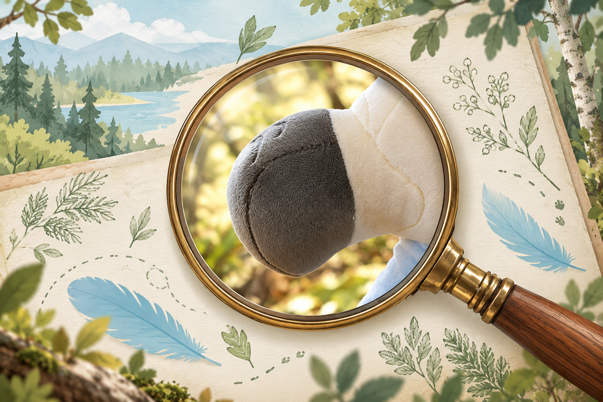 A magnifying glass reveals a peek of a mysterious Bellzi plush, surrounded by blue feathers and woodland illustrations.