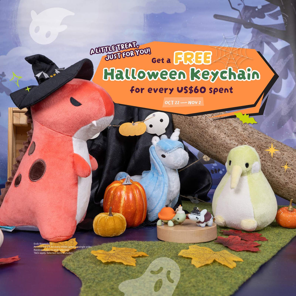 Bellzi plush friends dressed for Halloween, with a free mystery keychain offer for every US$60 in eligible items.